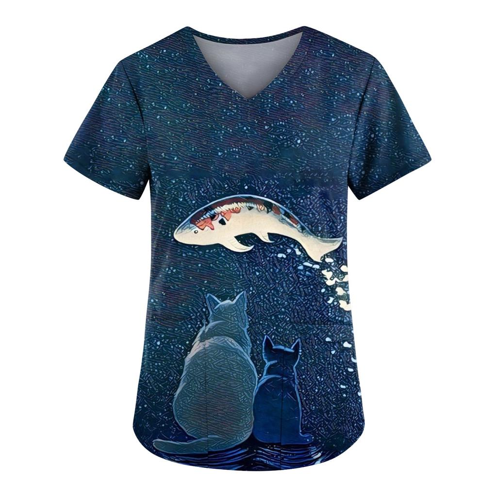 Women Printing Short Sleeve V-neck Tops Working Uniform Pocket Blouse