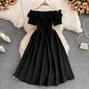 Seaside Vacation Beach Dress Summer Fashion One-word Shoulder Off-the-shoulder Pleated Ruffle A-word Chiffon Dress Short Sleeve
