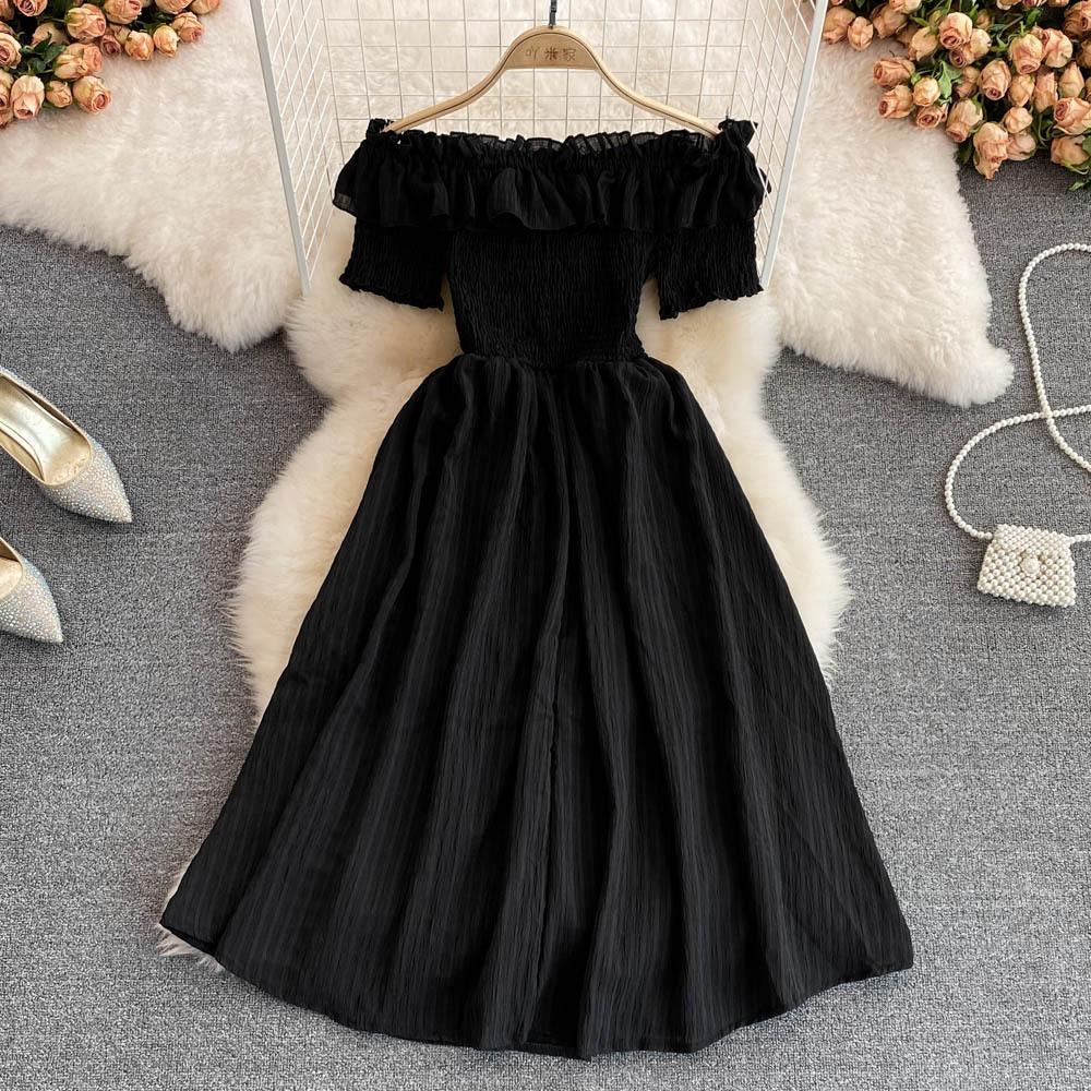 Seaside Vacation Beach Dress Summer Fashion One-word Shoulder Off-the-shoulder Pleated Ruffle A-word Chiffon Dress Short Sleeve