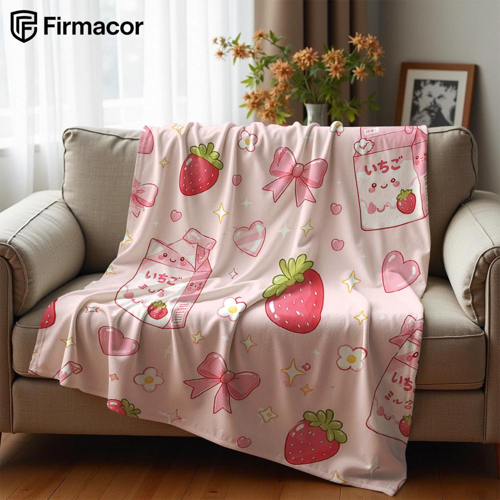 Strawberry Milk Cartoon Anime Print Flannel Blanket Soft Warm Throw for Kids Bedroom Sofa Bed Christmas Office Car