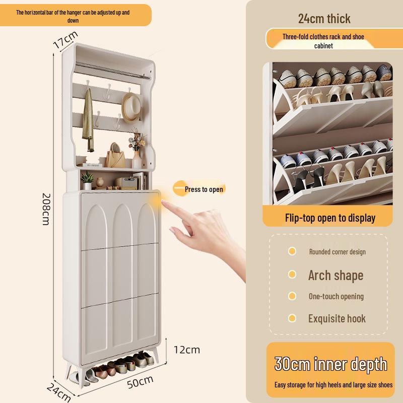 Ultra-Thin Flip-Top Shoe Cabinet & Coat Rack for Entryway Hallway Storage