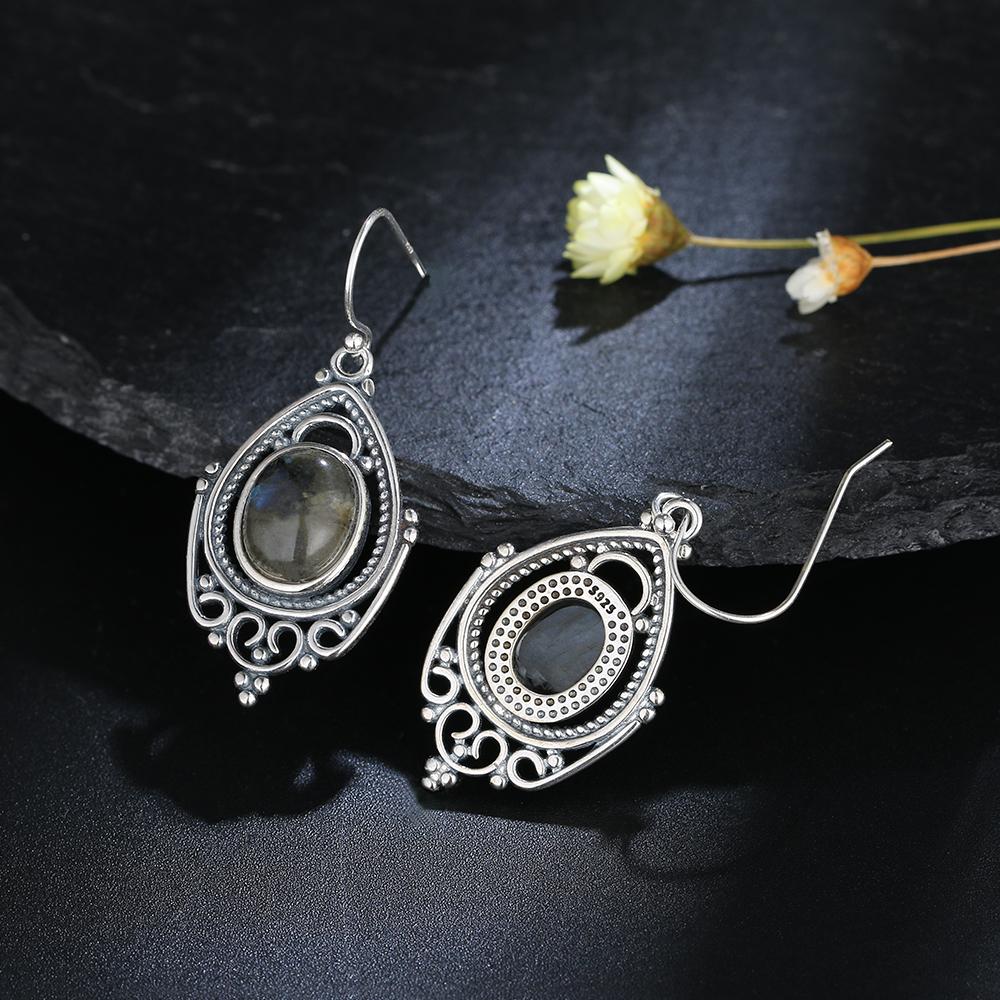 Silver Retro Natural Labradorite Earrings For Women Oval 8x10mm Stone Vintage Gift Party Ear Stub Earrings Jewelry Wholesale