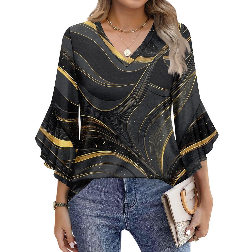 Blouses For Women Dressy Casual 3/4 Length Sleeve Womens Tops V Neck Tshirts Shirts With Flared Sleeve