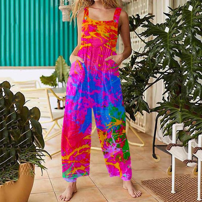 New Women s Summer 3D Print Button Strap Casual Overalls X-Large