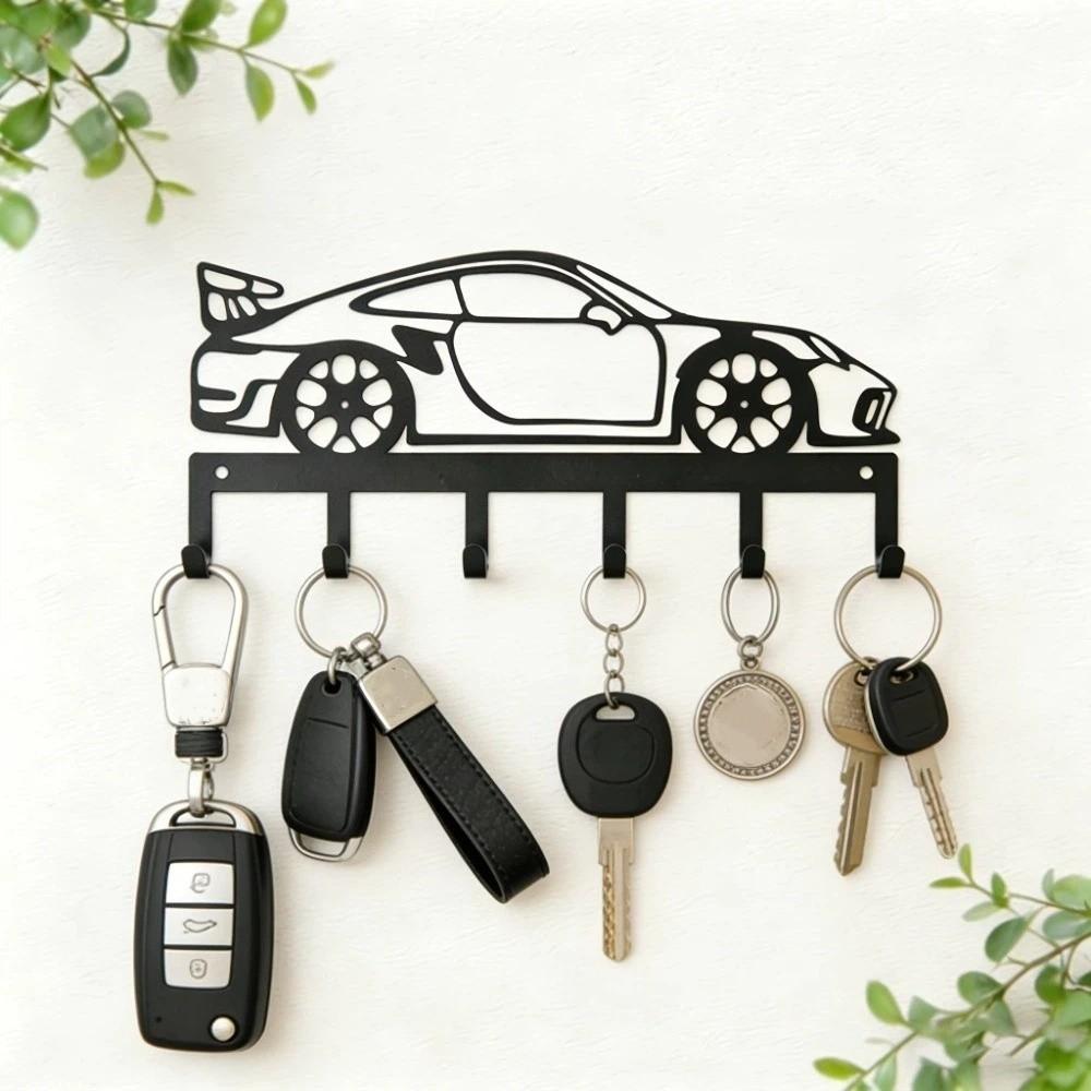 Sturdy 6 Hooks Metal Car Key Holder Black Minimal Cutout Race Car Hook Garage