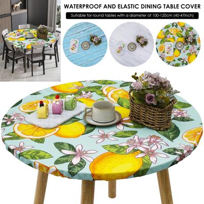Flower Print Round Tablecloth Wood Texture Vintage Indoor Outdoor Waterproof Elastic Edge Picnic Table Cloth Decor