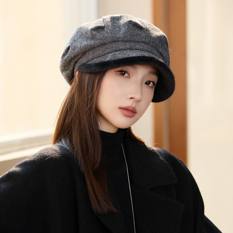 Осенне-зимний женский клетчатый берет, повседневный, холодный и теплый, ветрозащитный, бархатный, утолщенный, восьмиугольный One Size чёрный