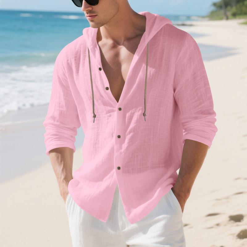 Spring Autumn Vintage Cotton Linen Hooded Shirt Male Long Sleeve Casual Fashion Blouse Men Solid Cardigan Top