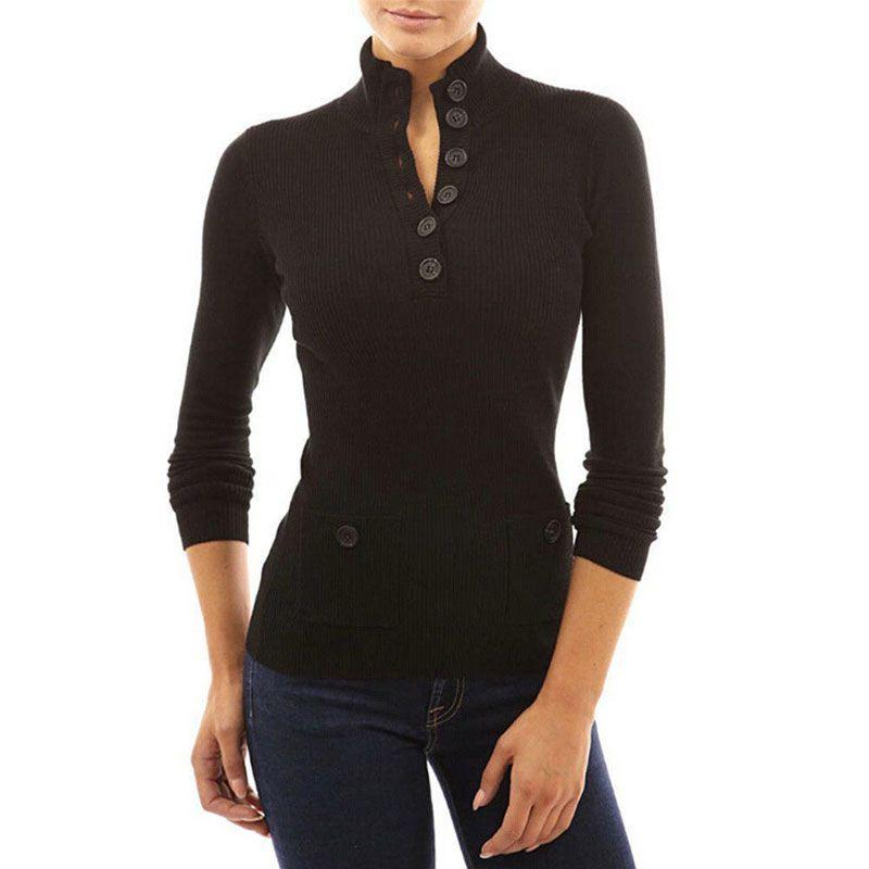 Top casual a collo alto a maniche lunghe da donna, maglione in maglia, T-shirt con bottoni, camicetta, in tessuti di alta qualità per il comfort di tutto il giorno