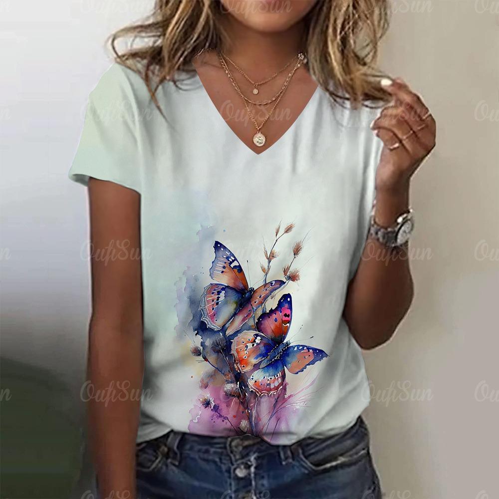 New Women T-shirt Simple Graphic Print Oversized Women's Trending Clothing Fashion Short Sleeve Shirt Women V-Neck Blouse 2024