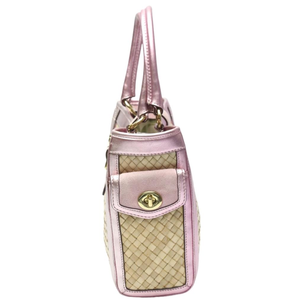 COACH basket straw Handbag leather Pink x Beige Women 4419 Used