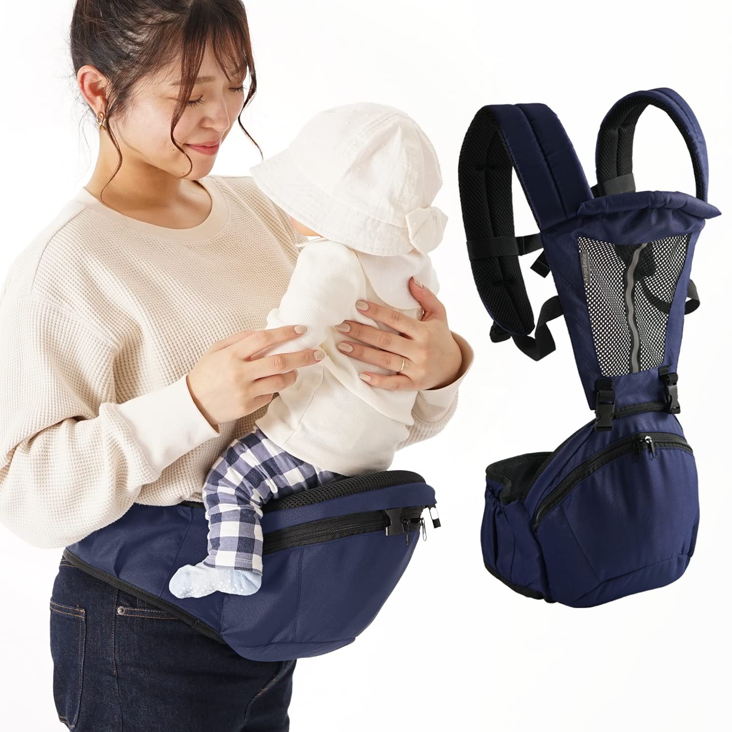 

Ange Smile Hip Seat Baby Shoulder Comfortable for Carrying Your Easy to Get in and out Reduces Back Baby Machine Navy Carrier, Hug, Strap, Baby, of,