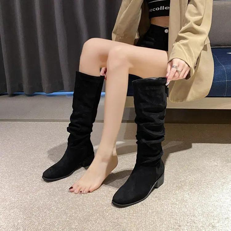 Women's Long Boots Middle Heel Winter 2024 Ladies Knee High Shaft Shoes Autumn Demi-season Large Size Warm Gyaru Designer Luxury