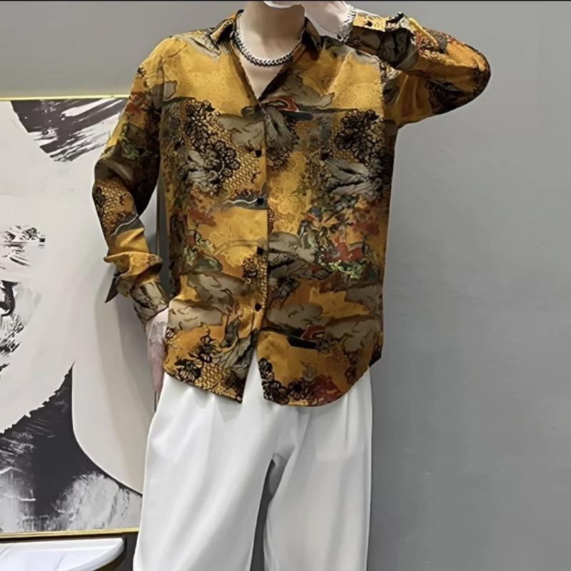 

Men s Fall Yellow Floral Print Turn Down Collar Long Sleeve Shirt M жовтий