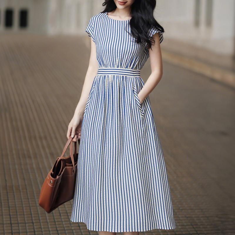 

ZANZEA Женское повседневное летнее платье в полоску с круглым вырезом и коротким рукавом M синий