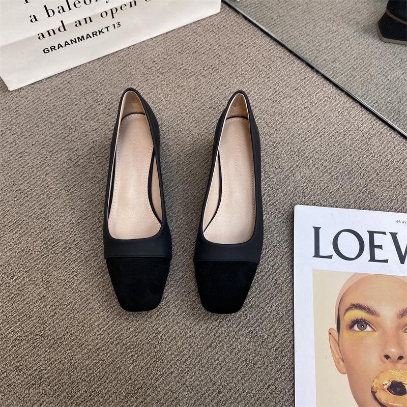 2025 Spring New Color Matching Fashion Design Square Head Thick Heel Single Shoes Women's Versatile Medium and High Heel Commuter Work Shoes