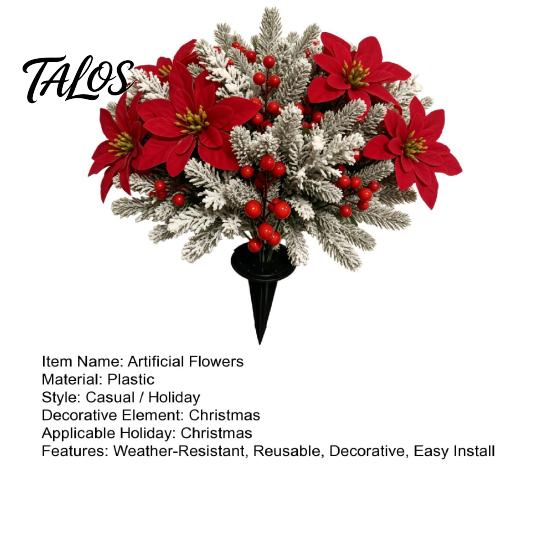 Red Poinsettia Stakes 17Pcs Christmas Stems, Artificial with Frosted Pine Branches Reusable Holiday Floral Berries, Faux Winter Picks for Outdoor Yard