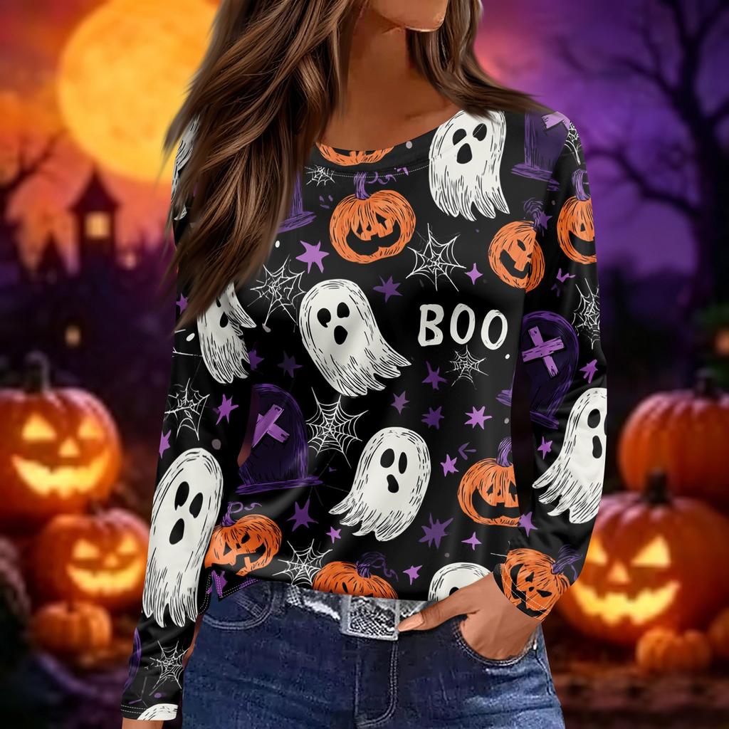 Women's Halloween Print Long Sleeve Pullover Top Round Neck Split Hem Casual Loose Fit Lightweight Sweatshirt
