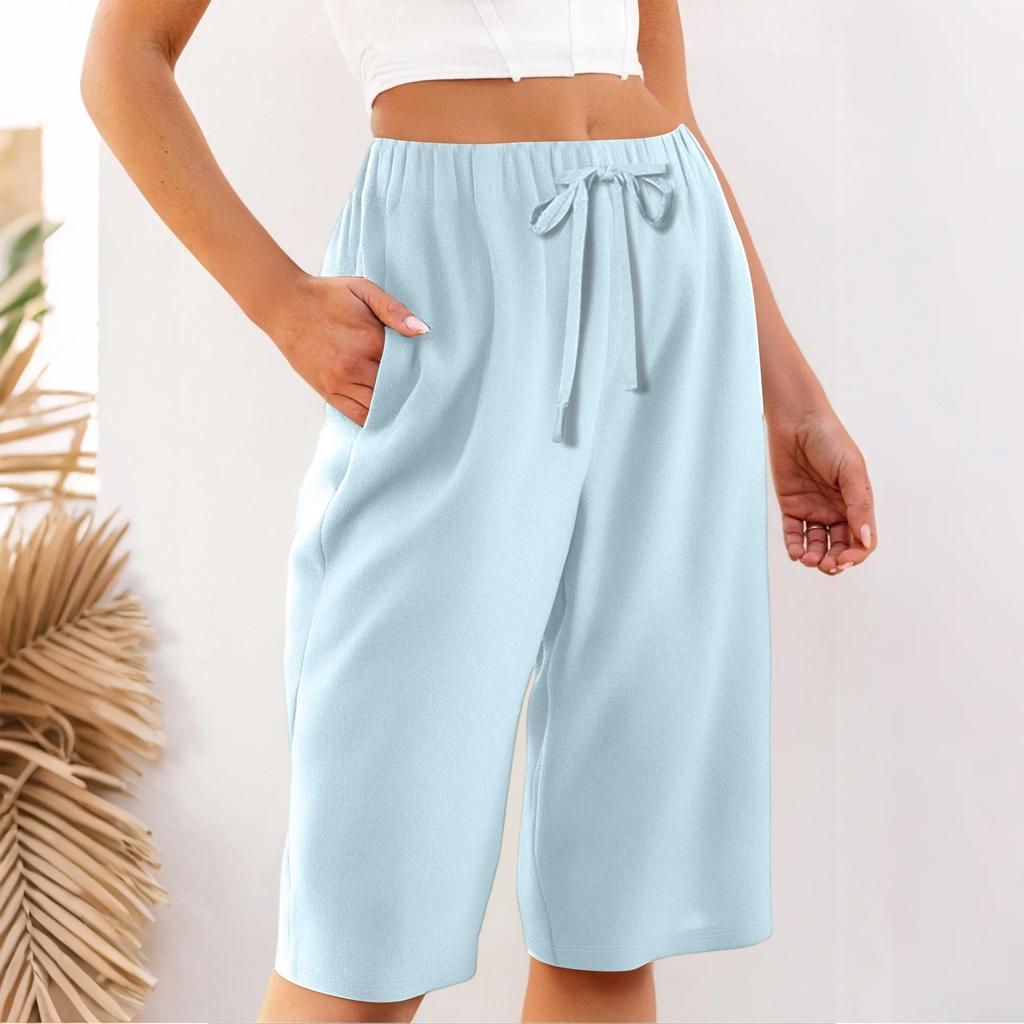 Women's Summer Elasticated Tie Waist Solid Colour Cotton & Linen Loose Shorts