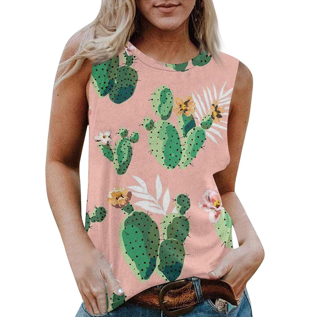 Damen Rundhals Lässig Ärmellos X Hawaiianisch Bedrucktes Westen-T-Shirt Top