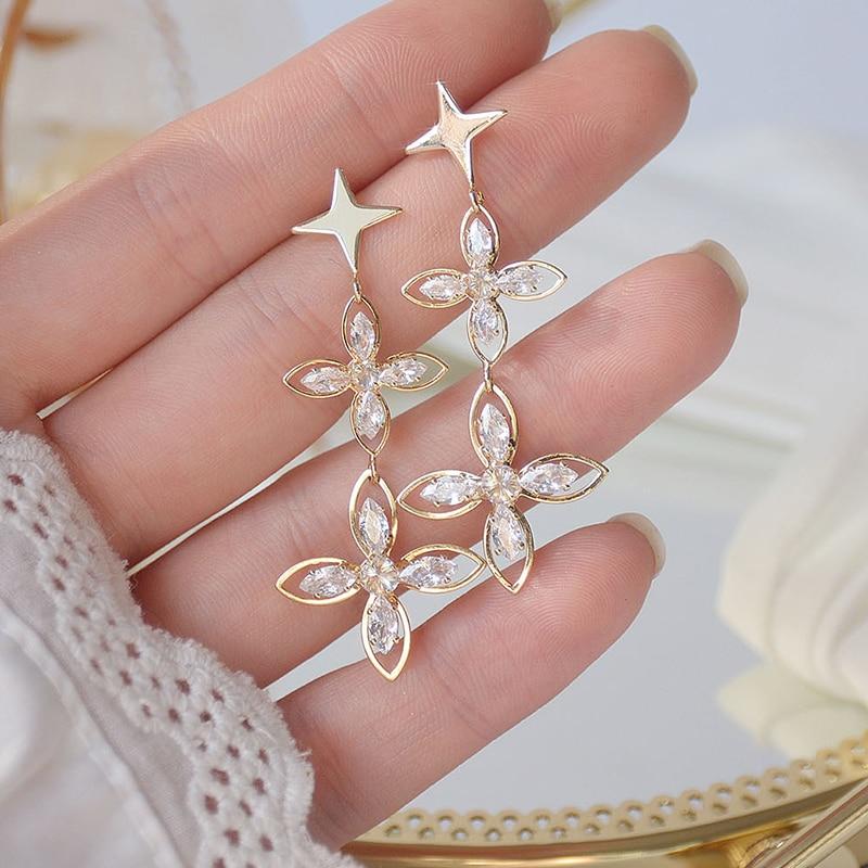 14K Real Plated CZ Cubic Zircon Flower Stud Earrings for Women Delicate Jewelry Crystal Star Long Earrings