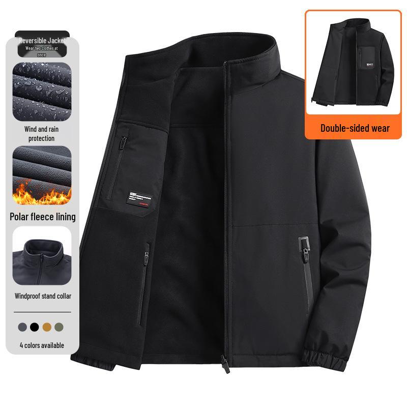 Reversible Plus Velvet Fleece Jacket: Business Casual Stand Collar for Autumn/Winter, Ideal for Middle-Aged Men.