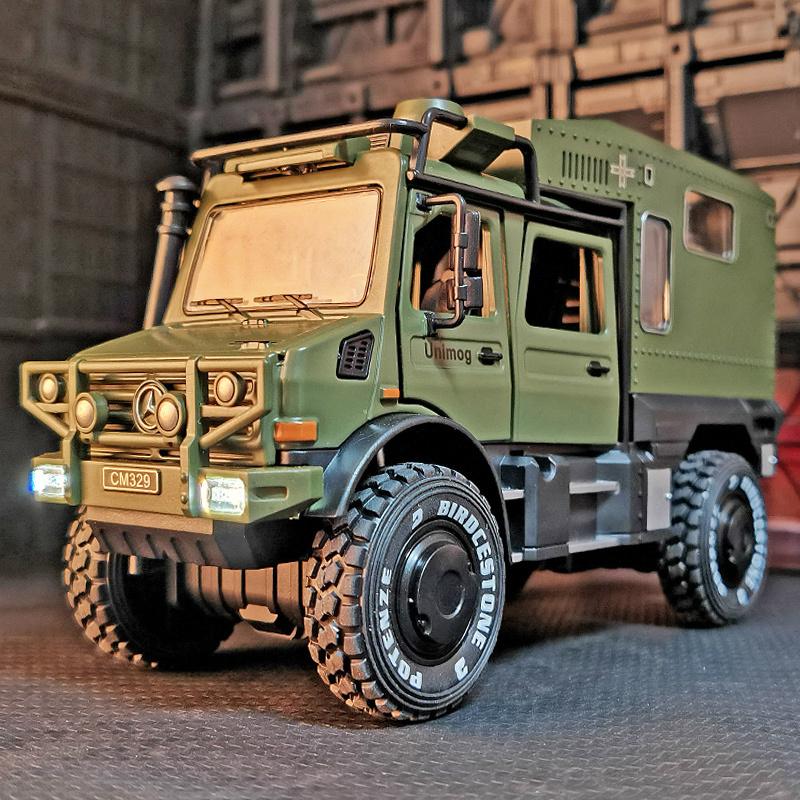 1/28 UNIMOG U4000 Wohnmobil Legierung Geländewagen Modell Druckguss Spielzeug Geländefahrzeuge Modell Ton und Licht Kindergeschenk