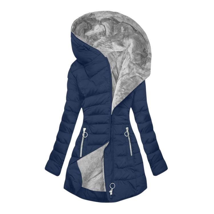 Warm Women Cotton Hooded Jacket Long Zipper Pockets Casual Outerwear
