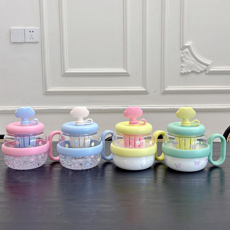 830ml Cloud Big Belly Cup Cute Cartoon Large Capacity Plastic Water Cup Portable Tea Separation Straw Flower Tea Cup with Handle