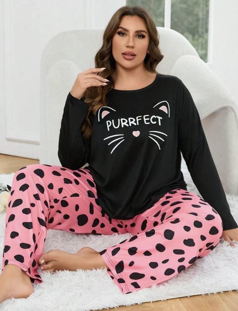 Plus-Size Curvy Women's Long-Sleeve Long-Pants Loose-Fit Casual Heart-Print T-Shirt Set