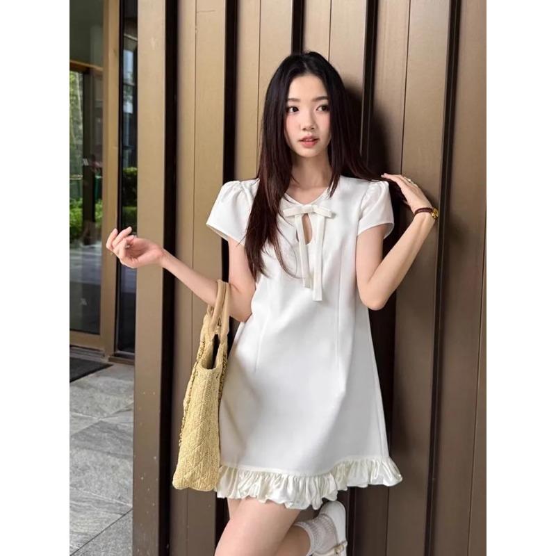 Bow Puff Sleeve Dress Women's Slim Fit Patchwork Cloud Hem A-line Skirt