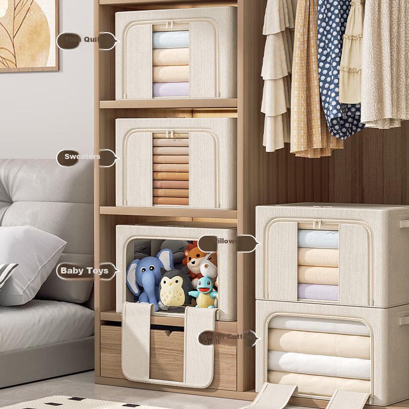 Bangnimeijia Cotton Linen Down Jacket Storage Box, Wardrobe Clothing Organizer, Large Capacity Quilt Storage Container, 66L, 1 Piece