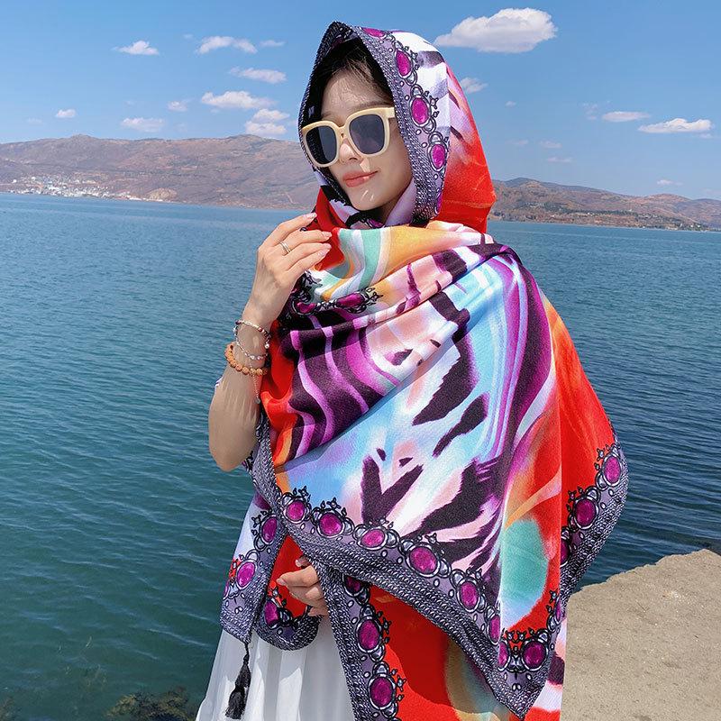 Ethnic Style Silk Scarf: Women's Sunscreen Shawl & Beach Towel