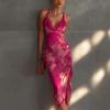 European-American Style Stand-up Spaghetti Strap Backless Printed Dress, Slimming High-slit Fashionable Long Dress