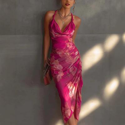 European-American Style Stand-up Spaghetti Strap Backless Printed Dress, Slimming High-slit Fashionable Long Dress