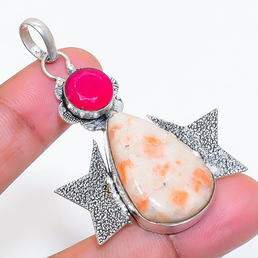 Natural Sunstone, Jade Gemstone 925 Sterling Silver Jewelry Pendant 2.21" ZS-671