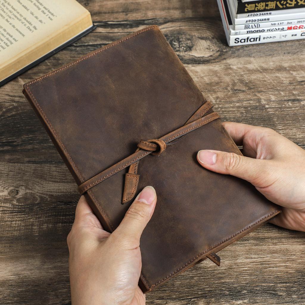 Premium Full Grain Leather A5 Refillable Notebook Vintage Tri Fold Crazy Horse Cover Tie Closure 23x16.4x2.5cm Loose-leaf