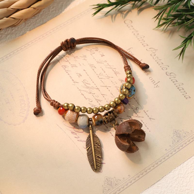 Adjustable Hand Woven Bracelets Women Ceramics Natural Plant Acorn Hand Strap Vintage Forest Series Beaded Rope Chain