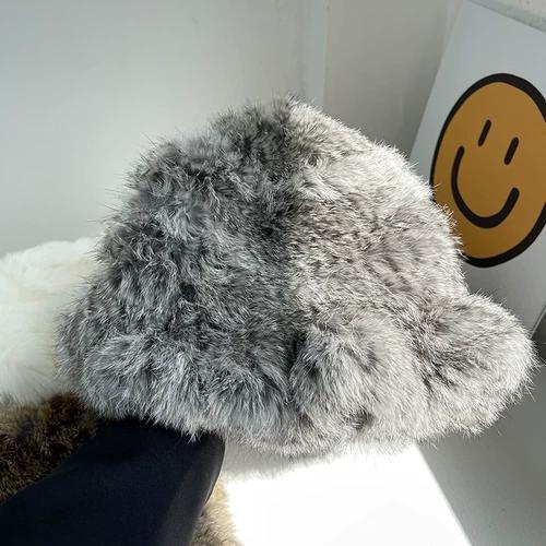 Rabbit Fur Hat Female Chuanxi White Fur Hat Fur Cold and Warm Plush Knitted Hat Cute Headgear Autumn and Winter
