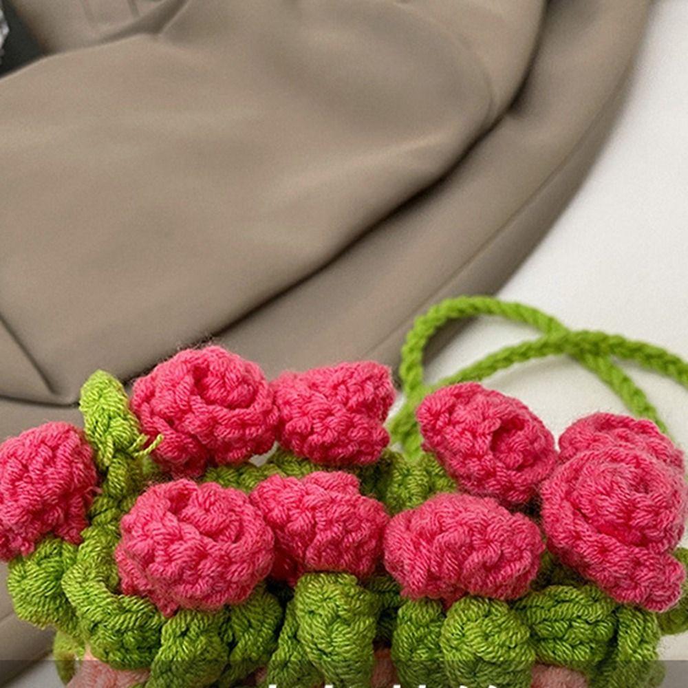 Bohemian Rose Bouquet Weave Bag Crochet Cotton Rope Flower Shoulder Bag Romantic Rustic Knitted Crossbody Bag Birthday Gift