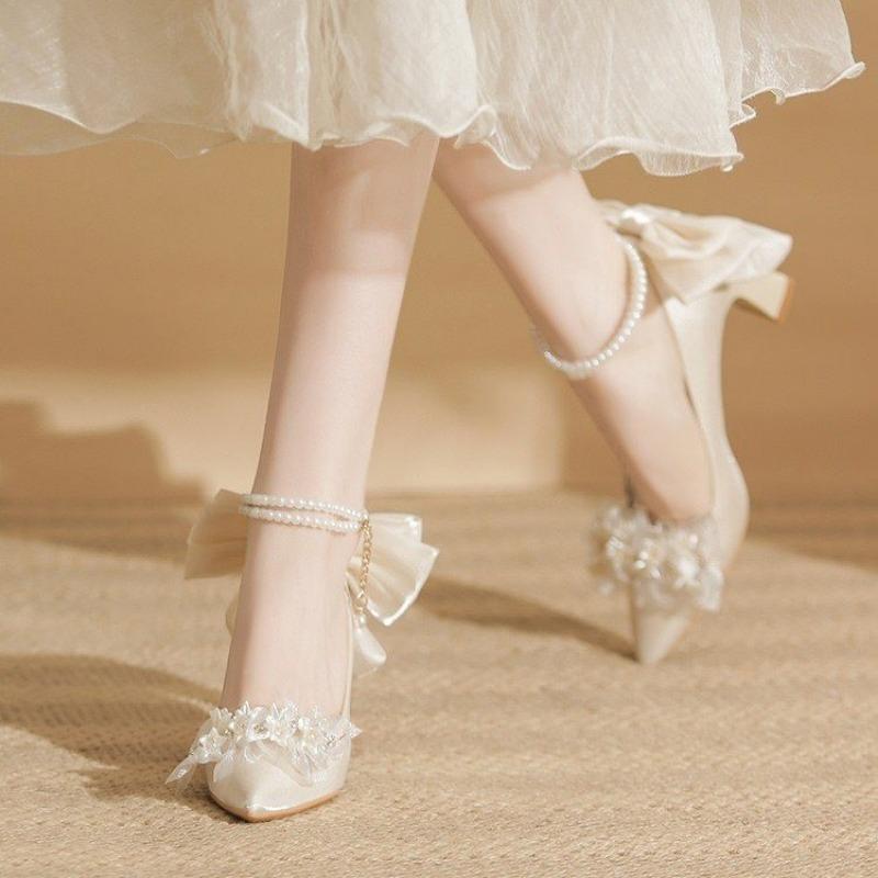 Fashion Women's Fashion Chunky Single Shoes Fall New Pointy Flower Butterfly Knot Comfortable Low Top Shoes