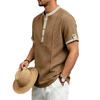 Mens American Retro Textured Henley Short Sleeve Casual Loose Vacation Commuter T Shirt
