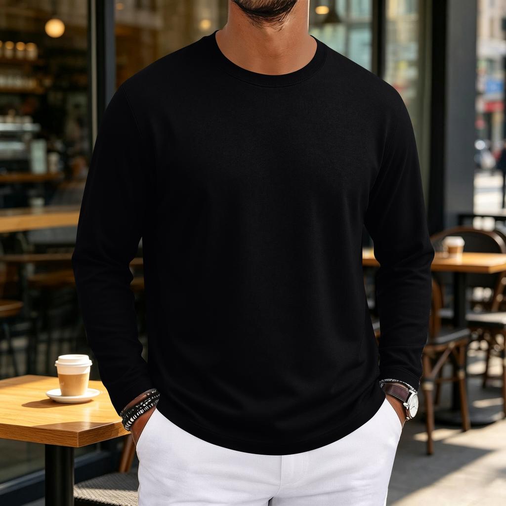 T-shirt da uomo a maniche lunghe con scollo morbido per uso casual quotidiano