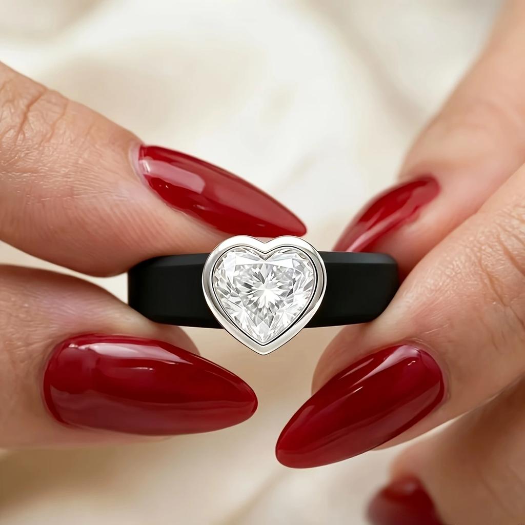 14K Goldbeschichteter Schwarzer Silikonring, Funkelnder Herzförmiger Zirkonia-Ring, Hypoallergen, Geeignet Für Den Täglichen Gebrauch
