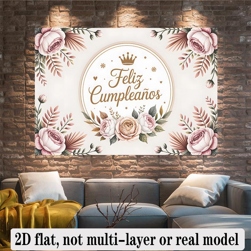 Spanish Feliz Cumplea?os Floral Theme Multicolor Design, 1pc Polyester Party Backdrop Banner, Photo Booth Background, Wall Decor