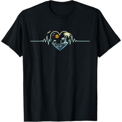 Palm Trees Beach Dolphin Tropical Island Heartbeat T-Shirt