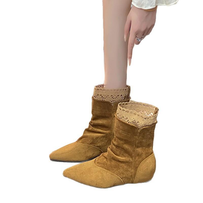 Retro pointed-toed decorative suede piled boots women's new autumn travel western boots Maillard cowboy short boots