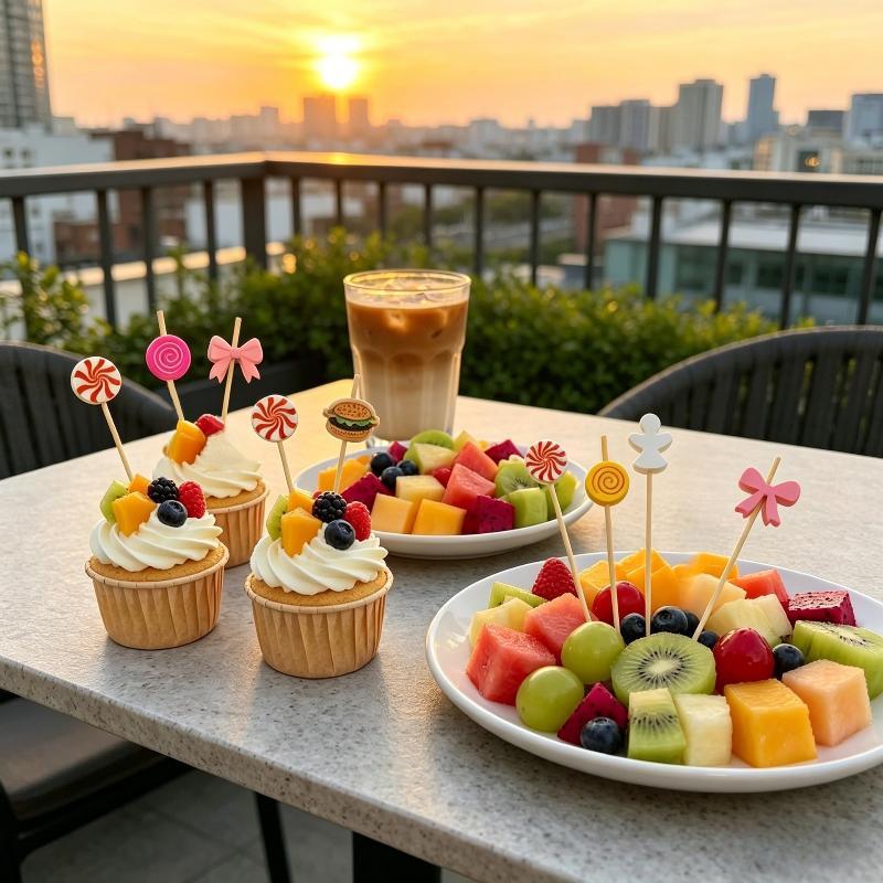 100Pcs Cute Lollipop Bow Burger Buffet Cake Cocktail Fruit Fork Disposable Bamboo Food Fruit Toothpicks For Wedding Party Decor