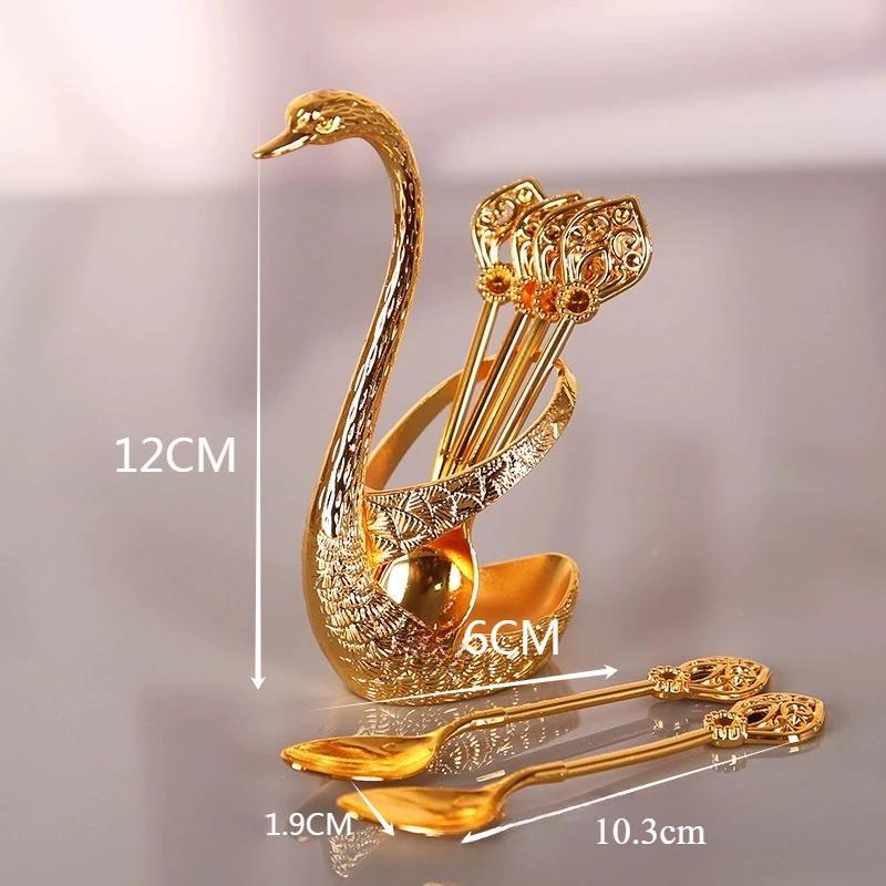 Swan Tableware Holder Base Elegant Gold Alloy Fruit Fork and Spoon Cutlery Set Dessert Teaspoon Dinnerware Kitchen Accessories