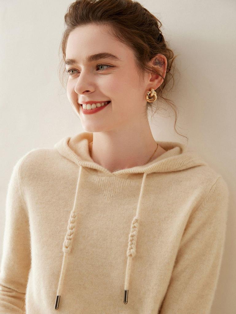 Women's Cashmere Hoodie: Solid Color Loose Slimming Pullover Knit Sweater for Autumn/Winter Outerwear